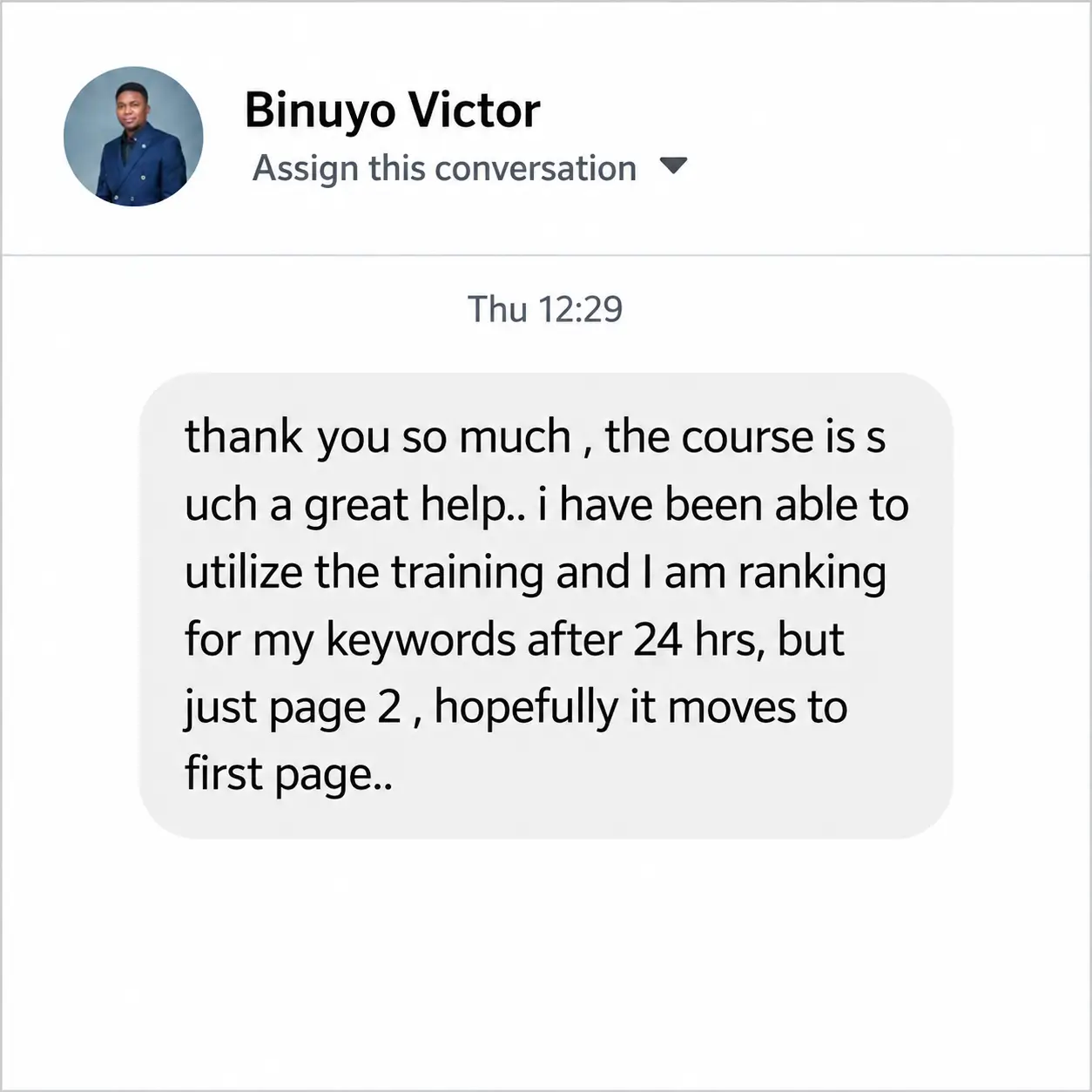 Student message — ranking for his keywords 24 hours after implementing the system