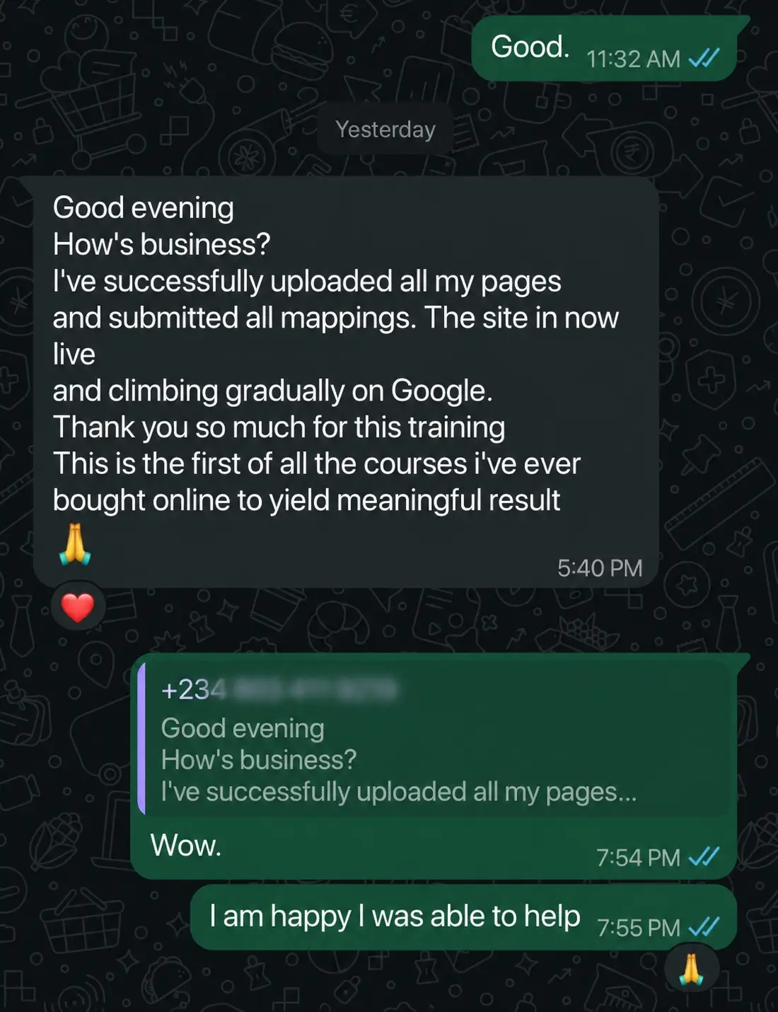 Student WhatsApp message — site live, climbing on Google